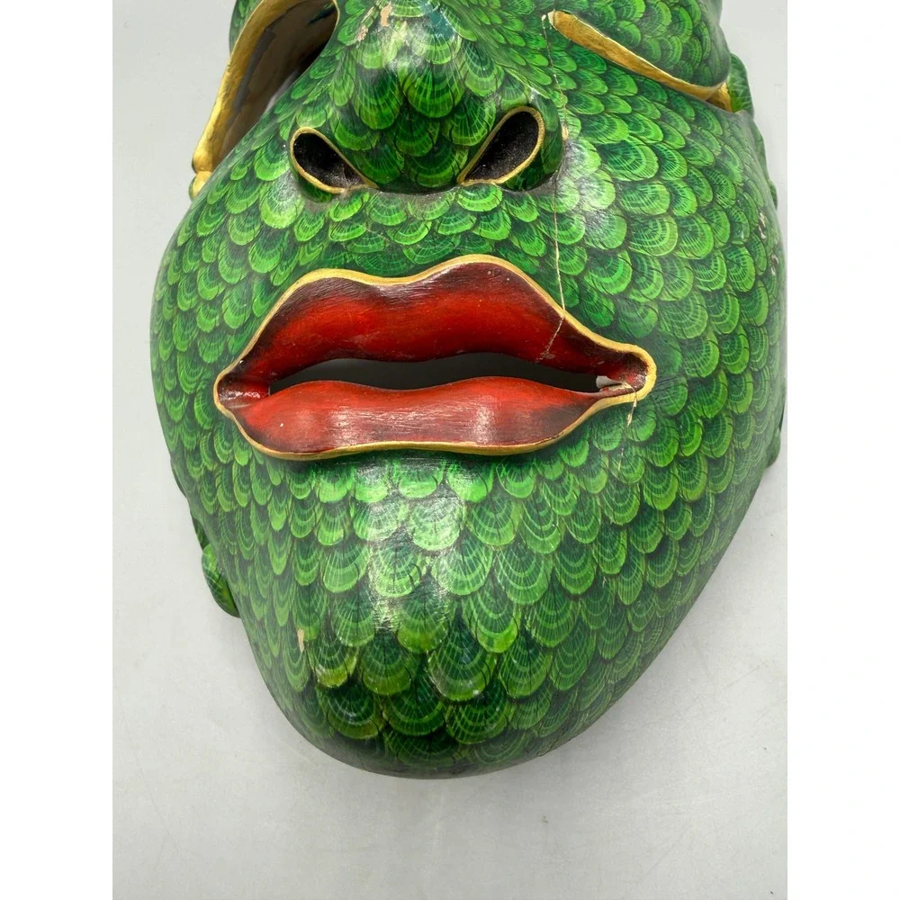 Balinese Batik Wood Mask Green Scale Hand Painted Bali Indonesia Folk Art 11.5in